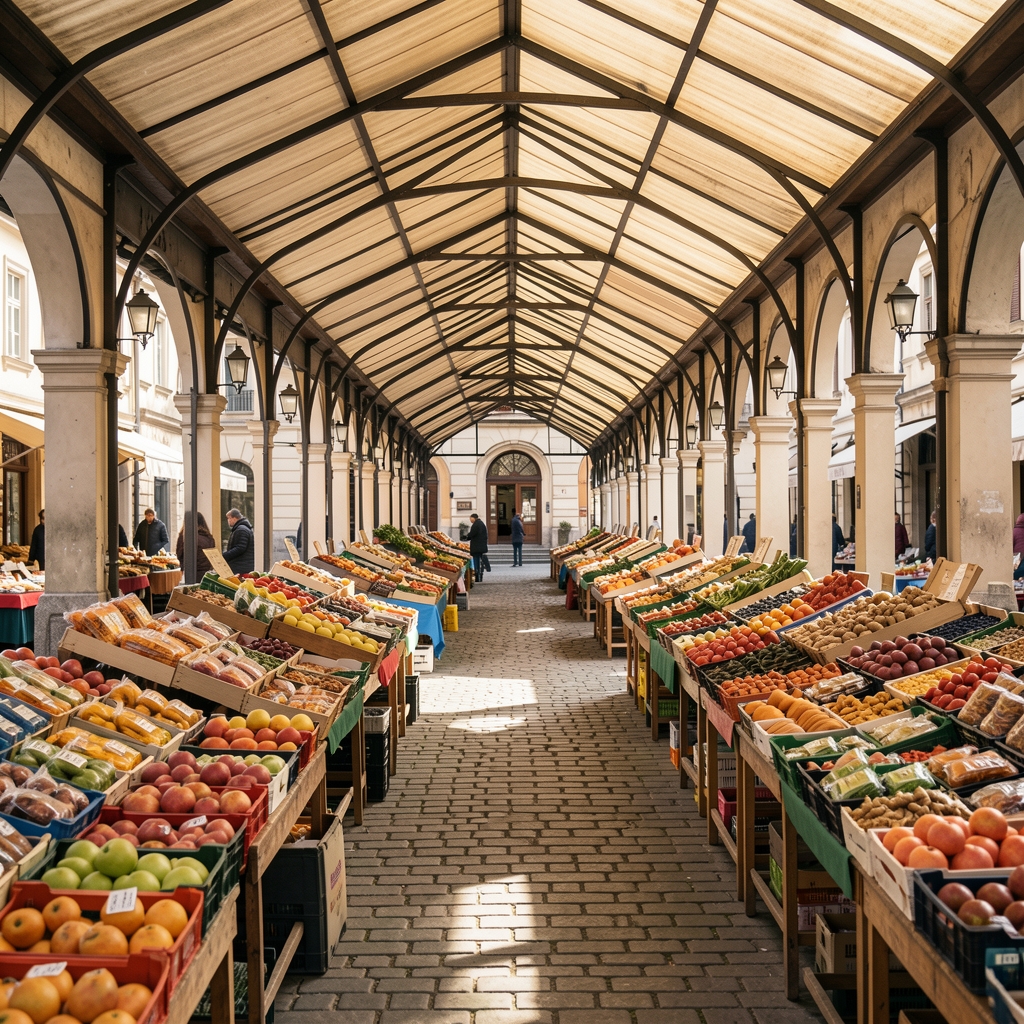 Piață acoperită din România cu produse așezate pe tarabe fără persoane