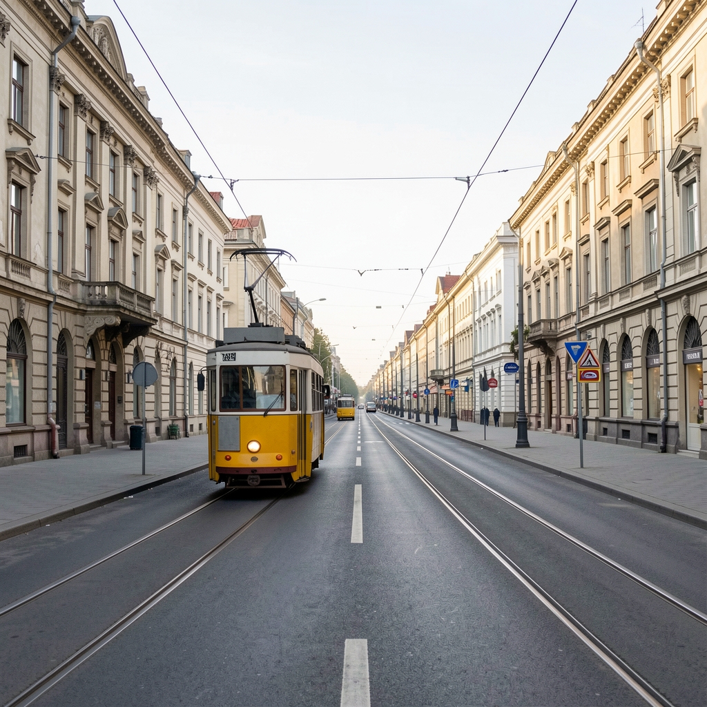 Bulevard românesc cu tramvai și clădiri interbelice fără persoane