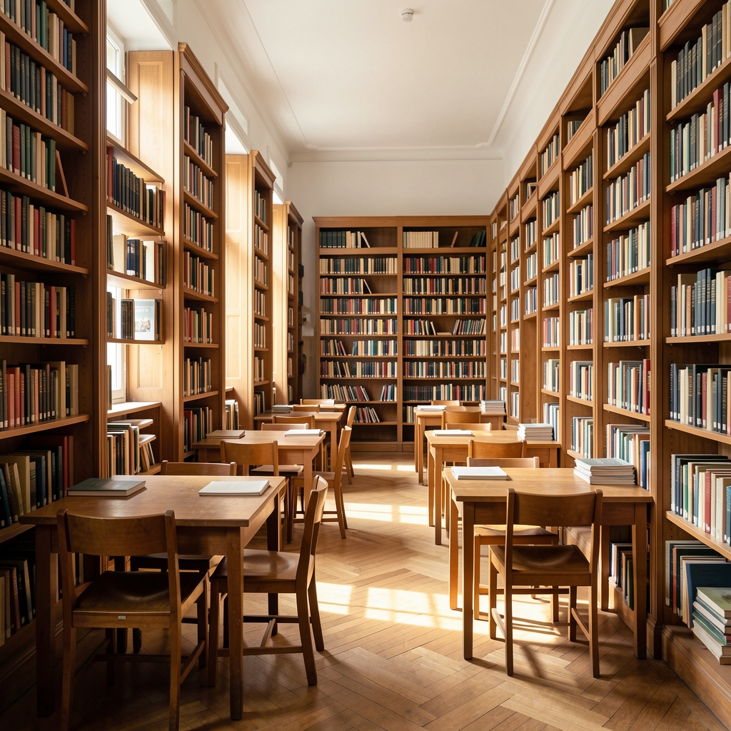 Interior de bibliotecă românească cu rafturi înalte, mese de lectură și lumină naturală fără persoane