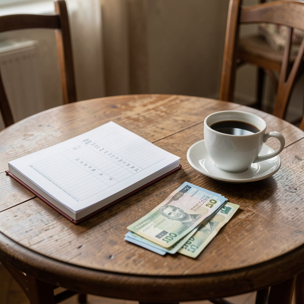 Masă de cafenea românească cu caiet de buget, bonuri și cană de cafea fără persoane