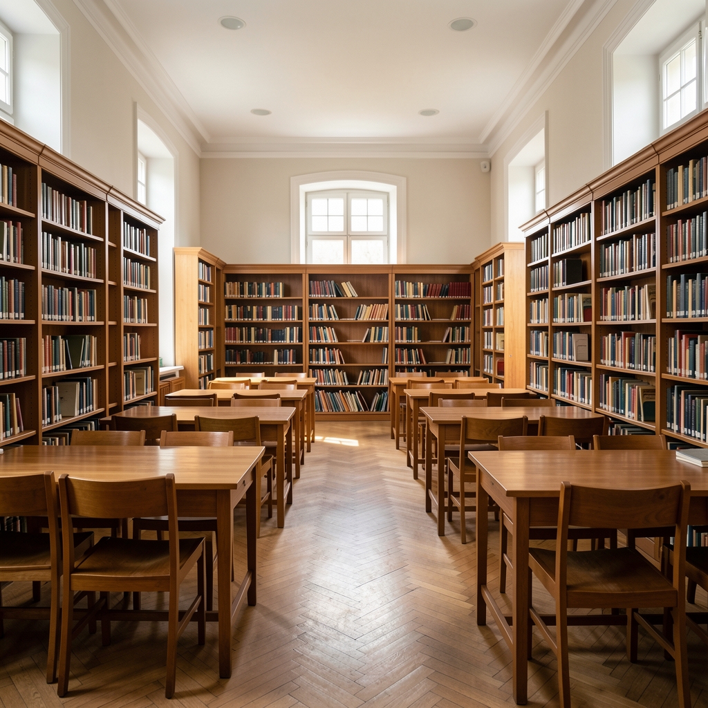 Sală de bibliotecă românească cu mese de lectură, rafturi ordonate și lumină naturală fără persoane