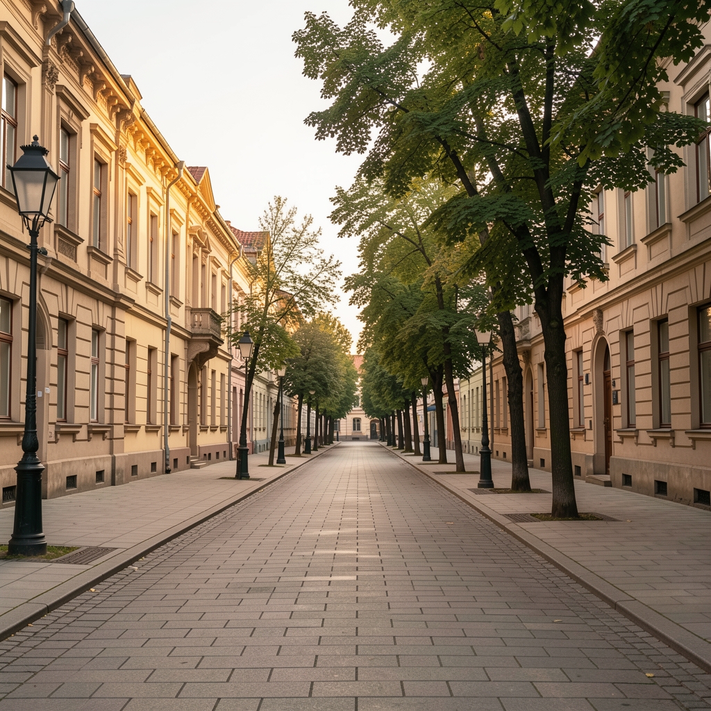 Stradă românească liniștită la ora dimineții, cu clădiri istorice, trotuare largi și copaci fără persoane