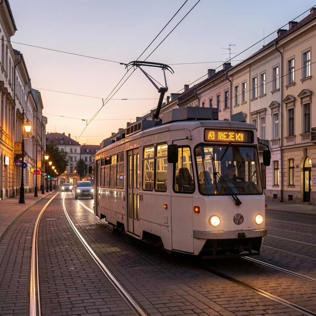 Stație de tramvai dintr-un oraș românesc la lumină de seară fără persoane
