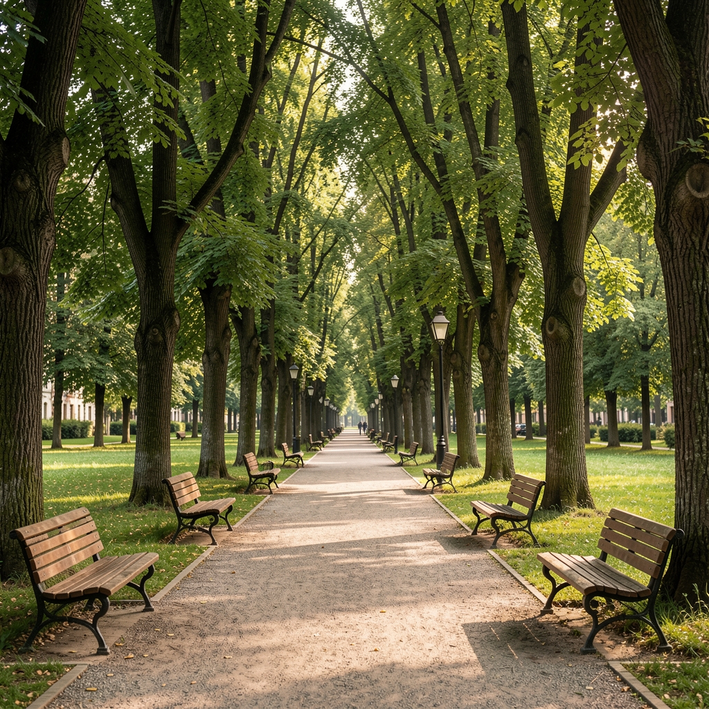 Parc urban românesc cu alei, arbori maturi și bănci din lemn fără persoane